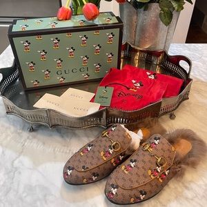 GUCCI X DISNEY Mini Vintage GG Supreme Monogram Mickey Mouse Fur Womens Shoes 7